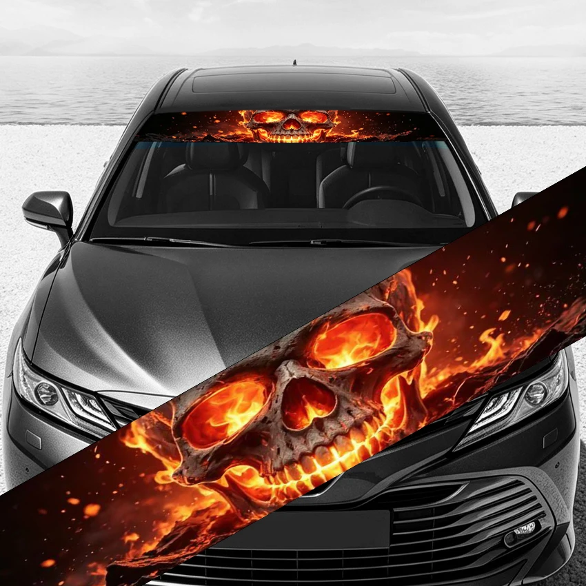 Burning Skull Front Windshield Decal, Orange Flame Fire Skull Car Windshield Banner, Waterproof UV-resistant Auto Vinyl Sticker