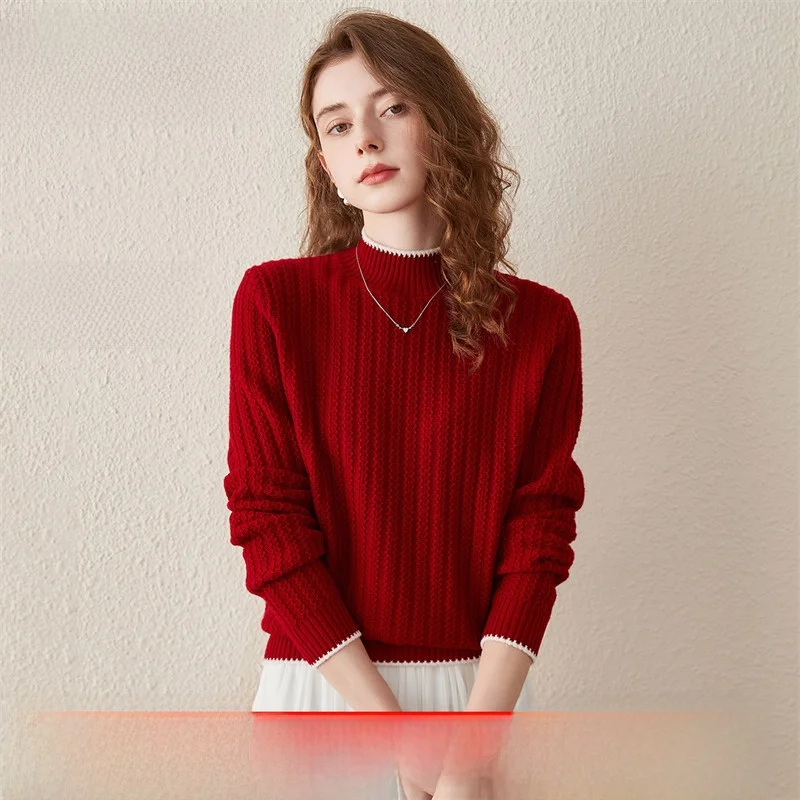 

Cboca новогодний шерстяной вязаный свитер женский воротник цвет Blo High Ne красный вязаный свитер шерстяной f High ro...