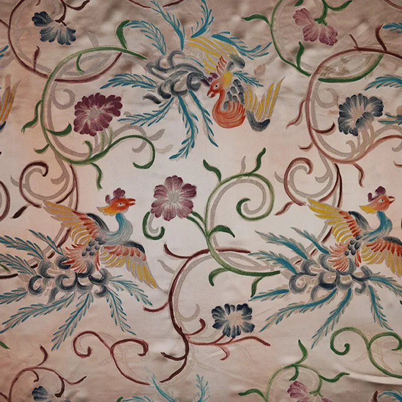 

Hand-painted pure silk phoenix-patterned floral traditional Chinese style fabric