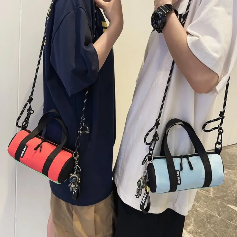 

Thin Strap Men Cylindrical Bag Lightweight Zipper Contrast Color Purse Japanese Style Breathable Small Nylon Handbag School