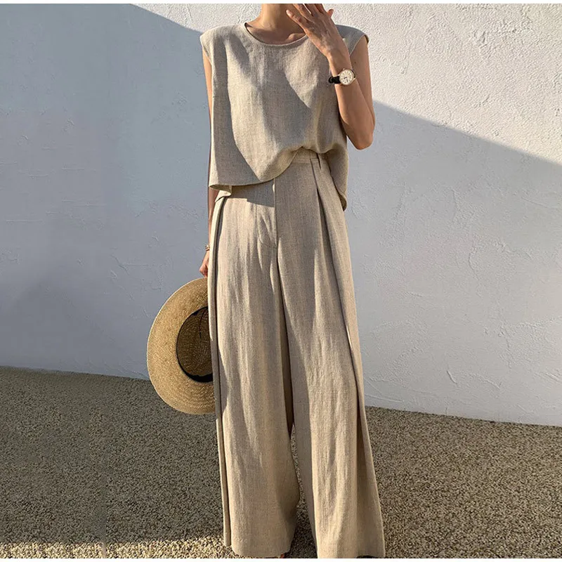 

Women Cotton Linen Suits Summer Sleeveless O-Neck Tank Top Wide Leg Pants Two Piece Sets Female Fashion Casual Solid Loose Suits