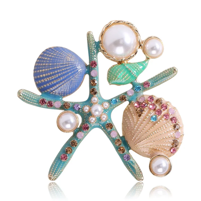 SKEDS Women Girls Sea Star Pearl Brooch Pin Fashion Elegant Beach Sea-Side Accessories Rhinestone Brooches Holiday Best Gift