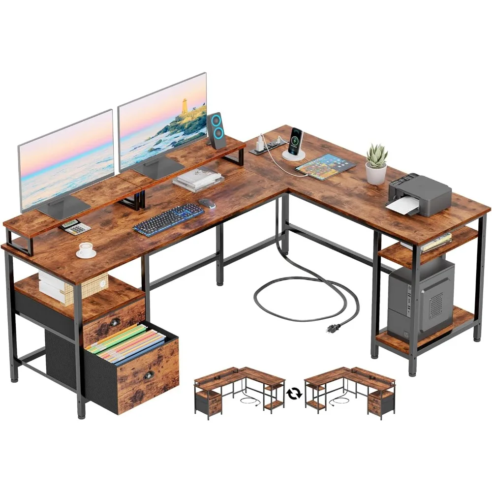 

66"L-shaped brown desk with power outlet,reversible computer desk with drawers and 2 monitor stands game table with storage rack