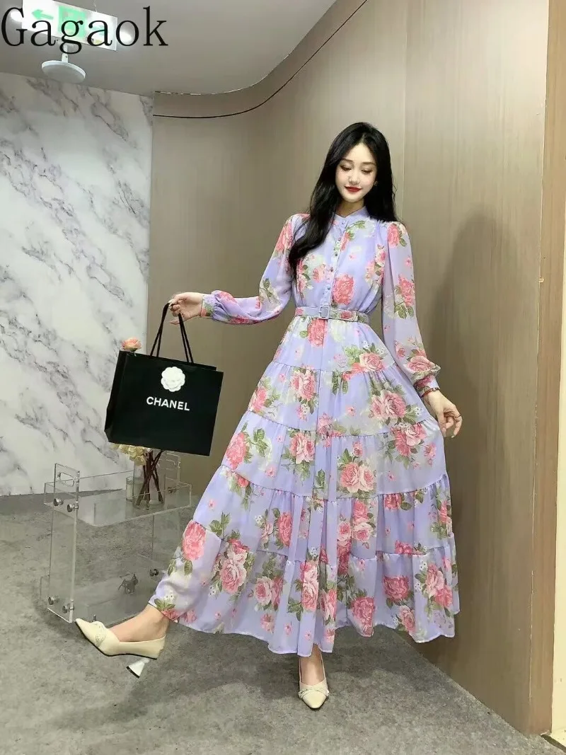 Gagaok French Dresses 2022 Early Autumn Floral Print Stand Midi Belt Dress Slim Elegant Long Beach Style Fashion Chic Vestidos