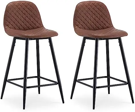 

2PCS Faux Leather Barstools with Metal Legs, Brown, 65cm Seat Height