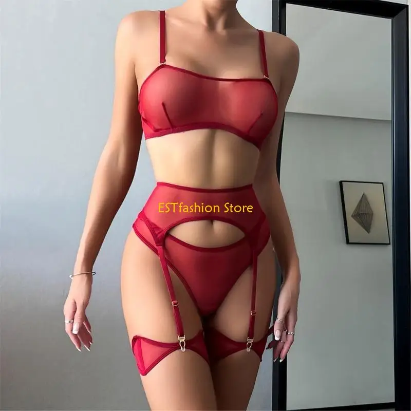 

Y5GC Strappy Bra and Panty Set with Garter Belt Strappy Lingerie Set with Thigh Cuff