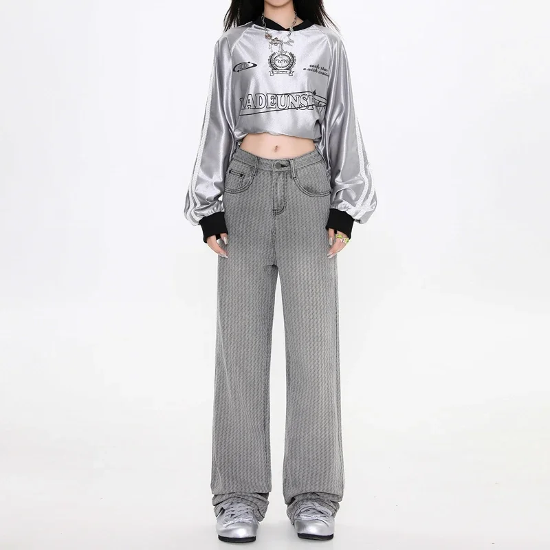 2024 Fall/Winter New Arrival: Grey Jeans with Exquisite Texture, Wide-leg Design and American Style for Women