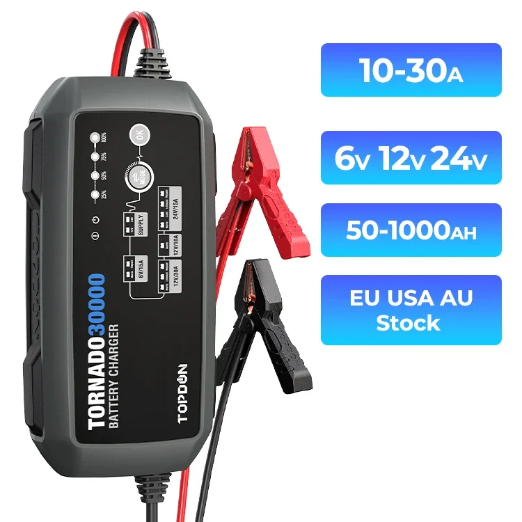 

TOPDON T30A TORNADO30000 50Ah to 1000Ah 12v-24v 24 volt 12/24v 12v 24v 30a auto Portable Intelligent Car Lithium Battery Charger