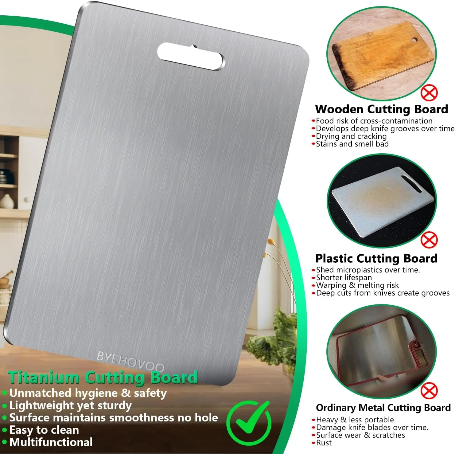 Conjunto de tábua de corte de titânio dupla face de 3 peças, seguro para máquina de lavar louça e fácil de limpar para cozinha e acampamento