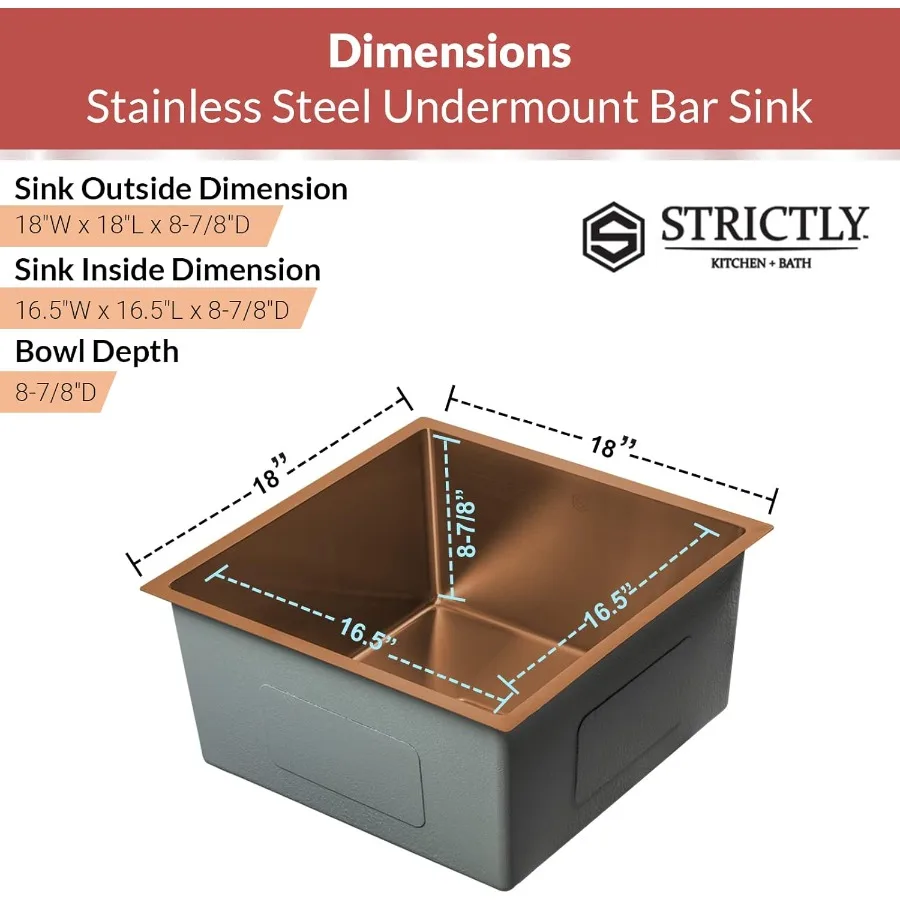 

18-дюймовая раковина для приготовления медных стержней с одной чашей и плотными углами радиуса, кухонная и барная раковина из нержавеющей стали 16 калибра