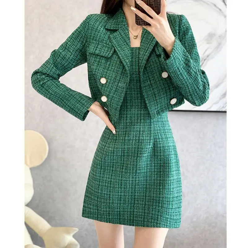 Insozkdg Fall Retro Tweed Suit Women Green Tweed Dress Elegant Double Breasted Tweed Jacket + Slim Fit Sling Plaid Dress 2023