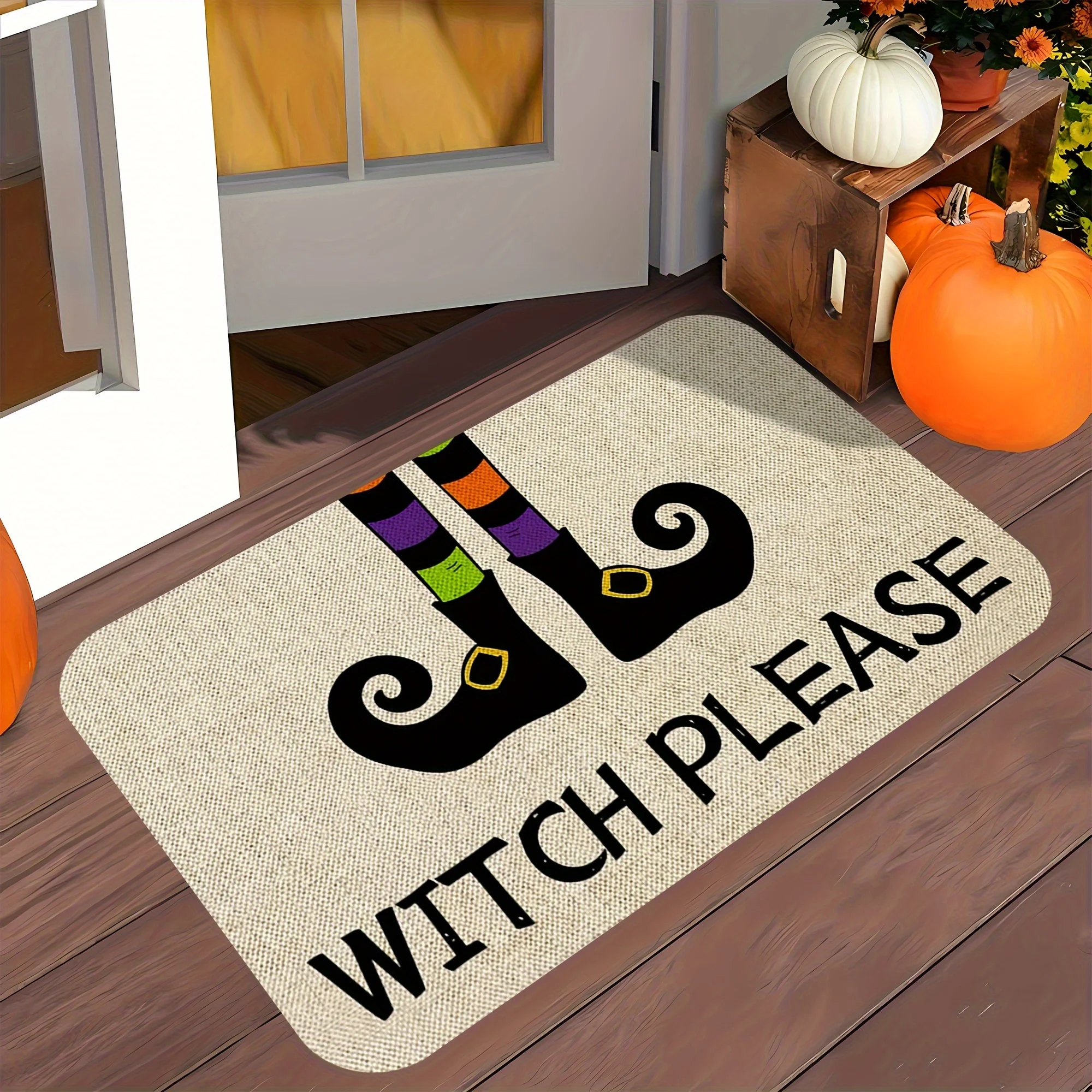 Halloween Themed Witch Please Design Welcome Mat - Machine Washable, 0.47 Inch Thick High-Quality Polyester - Suitable for Dec