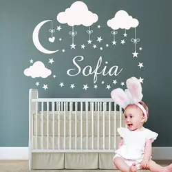 Custom Name Clouds Moon Stars Wall Sticker Vinyl Art Decals for Kids Babys Room Decoration Girls Bedroom Decor Mural