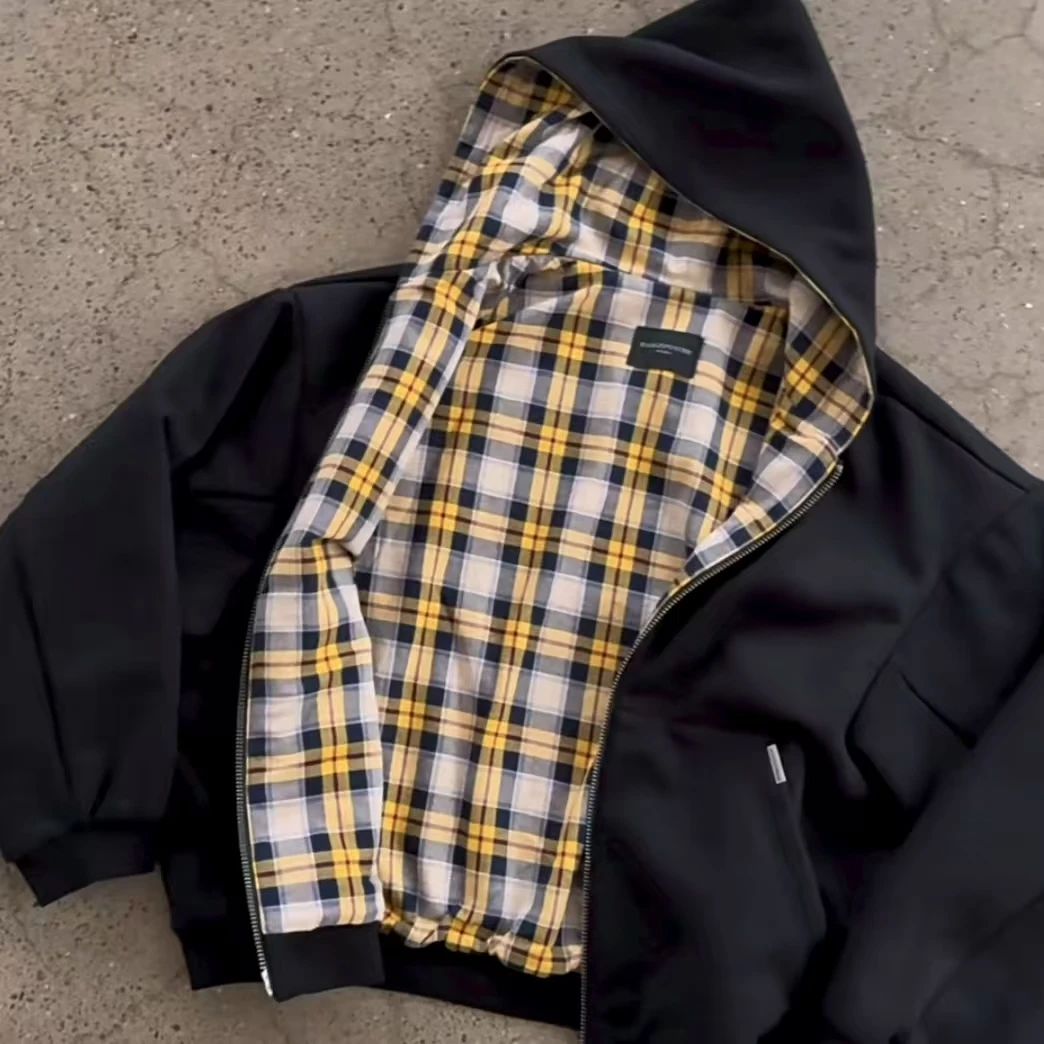 الكورية الأصفر منقوشة على الوجهين سستة سوداء البلوز هوديي الرجال والنساء الأمريكية الرجعية الأزياء عارضة سترة فضفاضة