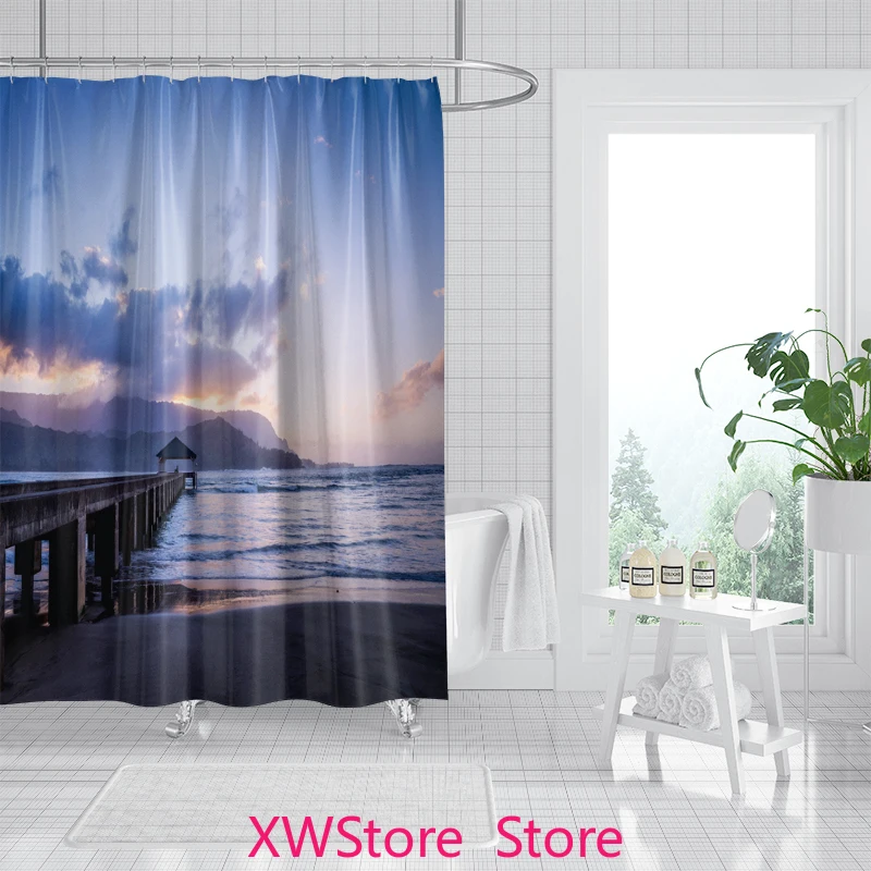 

Brilliant Sunset Shower Curtain Pink Purple Sky and Sea Romantic Sunset Style