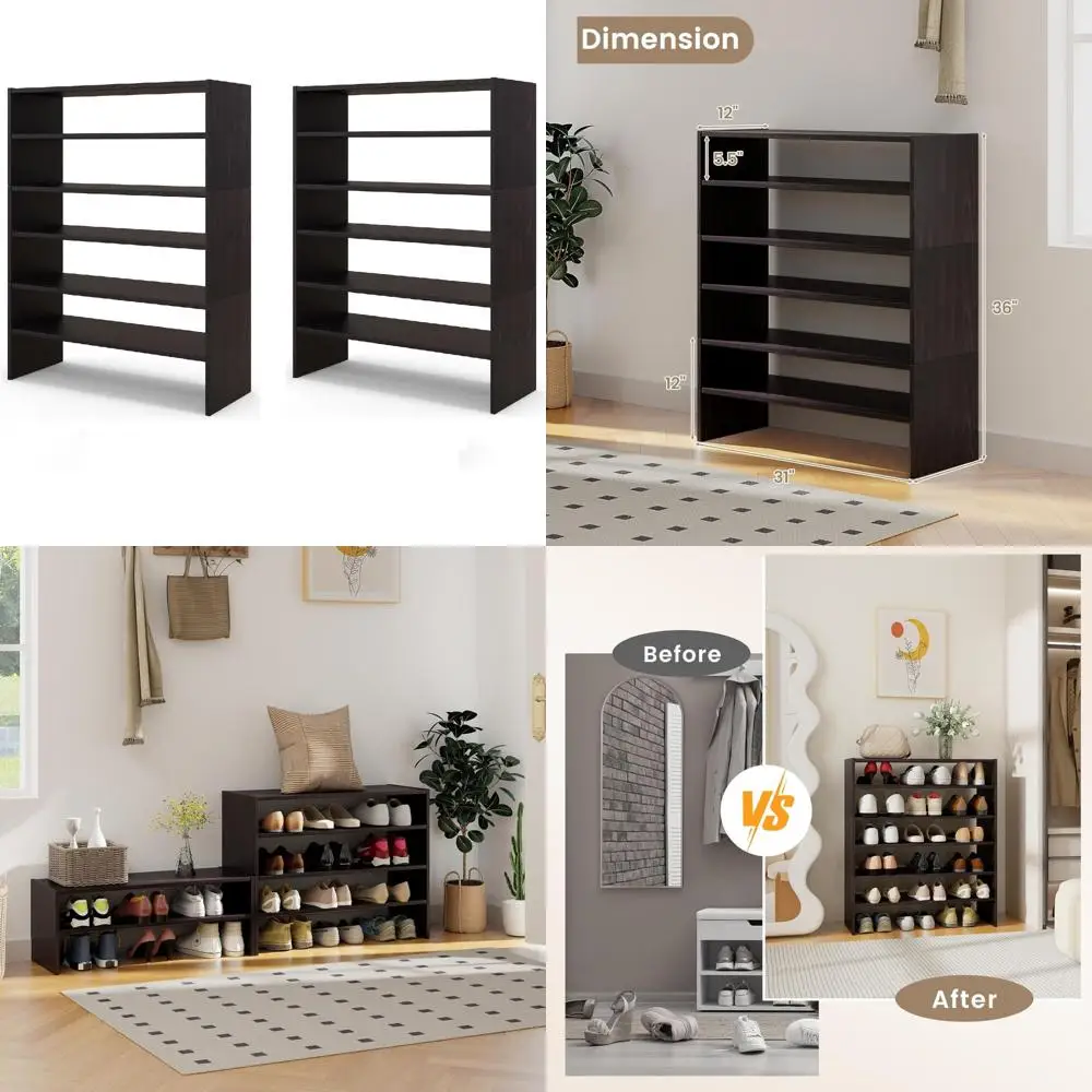 Stackable 6-Tier Shoe Organizer, Modern Freestanding Shoe Storage Rack, Space-Saving Shoe Shelf Tower (2 Pack)