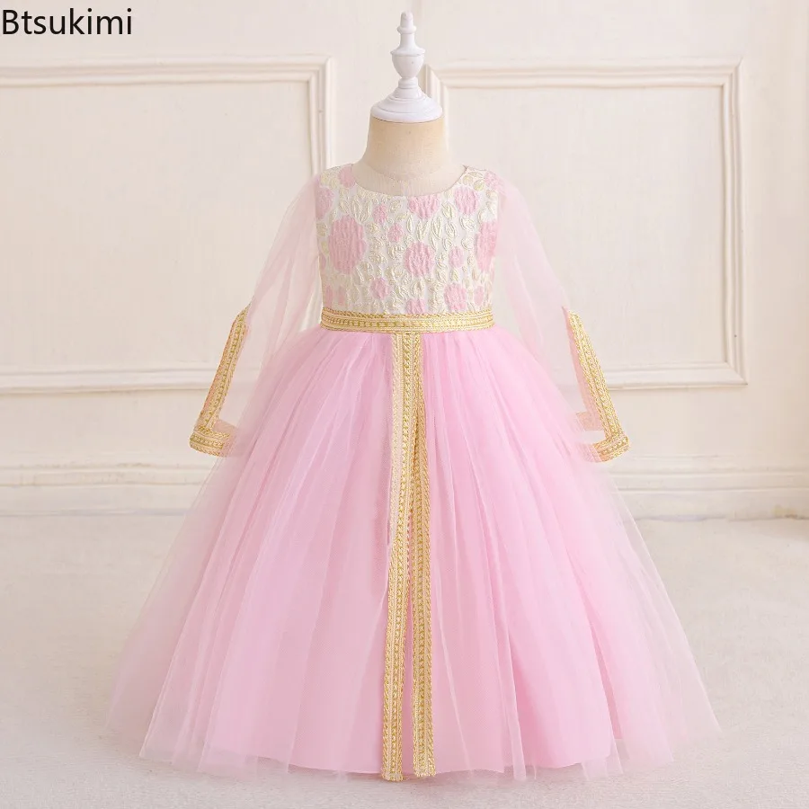 

Мусульманские праздничные платья для девочек: наряд для молитвы на Рамадан, арабское платье из Дубая с длинными рукавами, детский костюм на день рождения, бальное платье принцессы