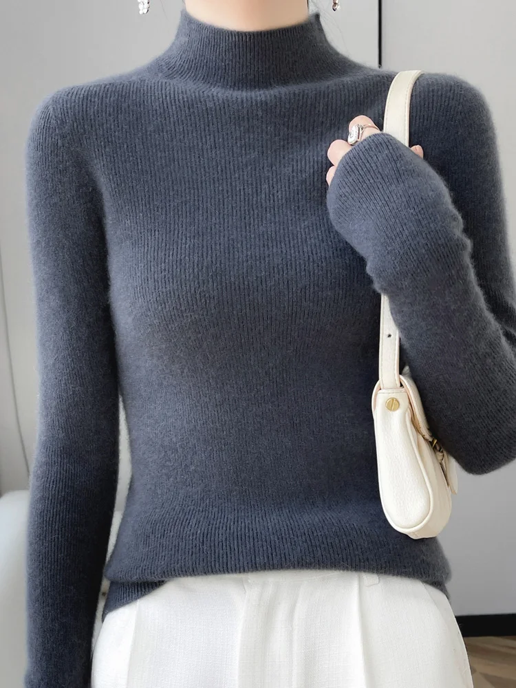 

Autumn Winter Merino Wool Sweater Women's Half High Collar Solid Color Pullover Slim Knitwear Long Sleeve Underlay Clothing