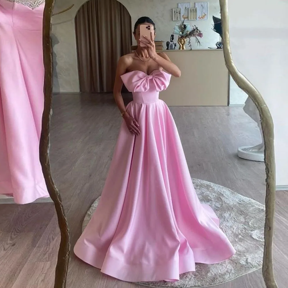 Beautiful Light Pink A-line Satin Long Formal Party Dresses With Cute Bow Strapless Women Maxi Gowns Custom Made Robe