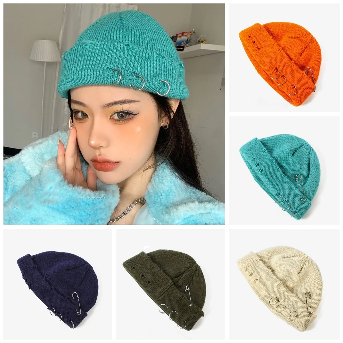 Y2k Fashion Solid Color Unisex Harajuku Beanies Knitted Hat Winter Warm Thick Hat For Women Men Hip Hop Pin Metal Ring Short Hat