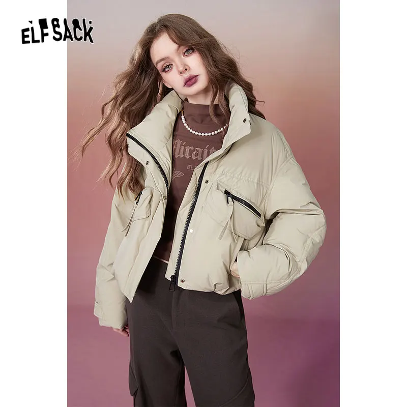 ELFSACK Korean Fashion White Down Coats Women 2023 Winter New Short Designed Jackets