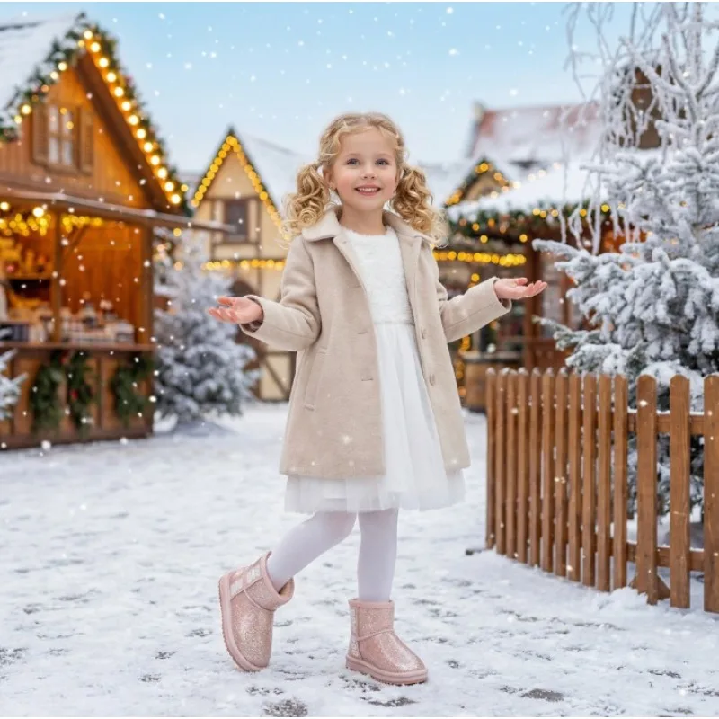 Waterproof Girls' Snow Boots 2025 Winter New Item with Plush and Thickened Short Tube Fur Integrated Children's Cotton Shoes