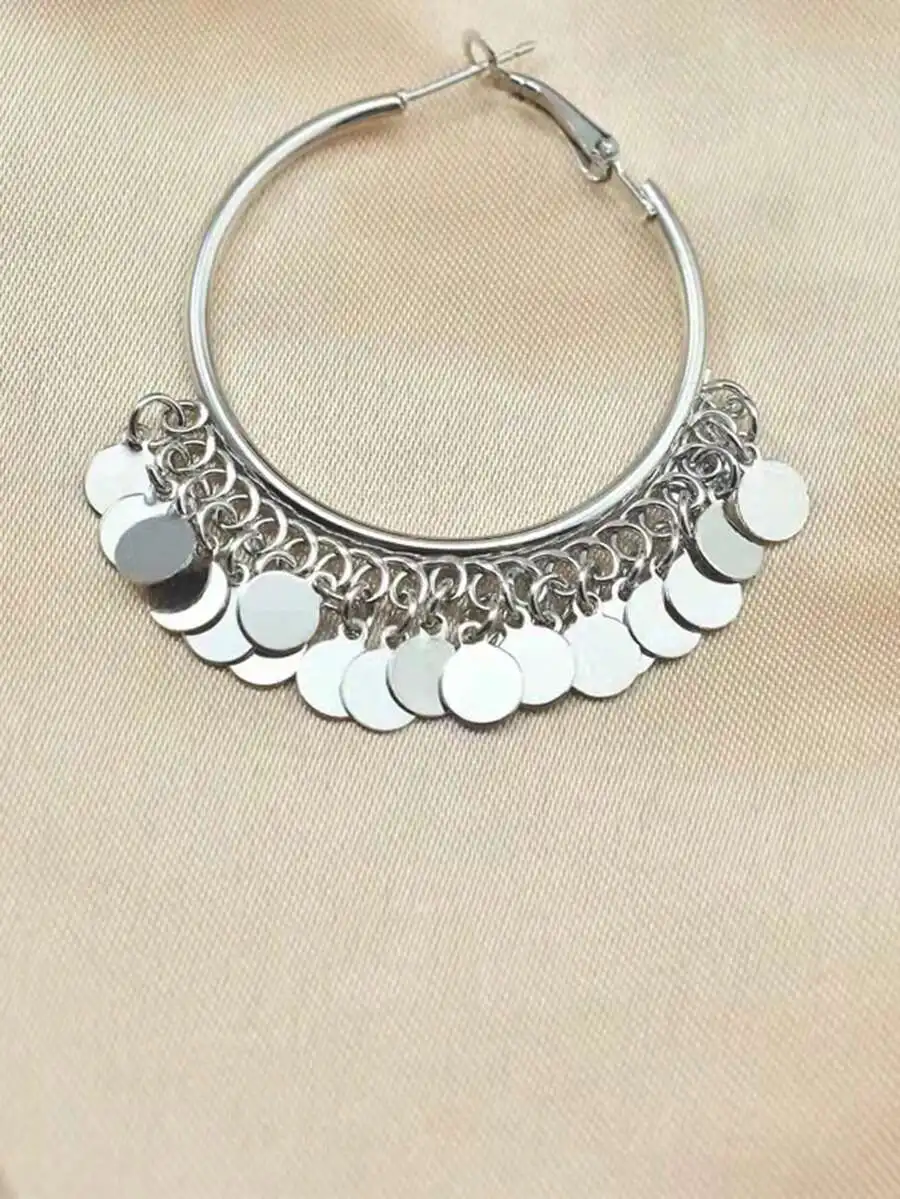 1 pair disc charm earrings with geometric round pendant and large hoop design for women stylish look view 3