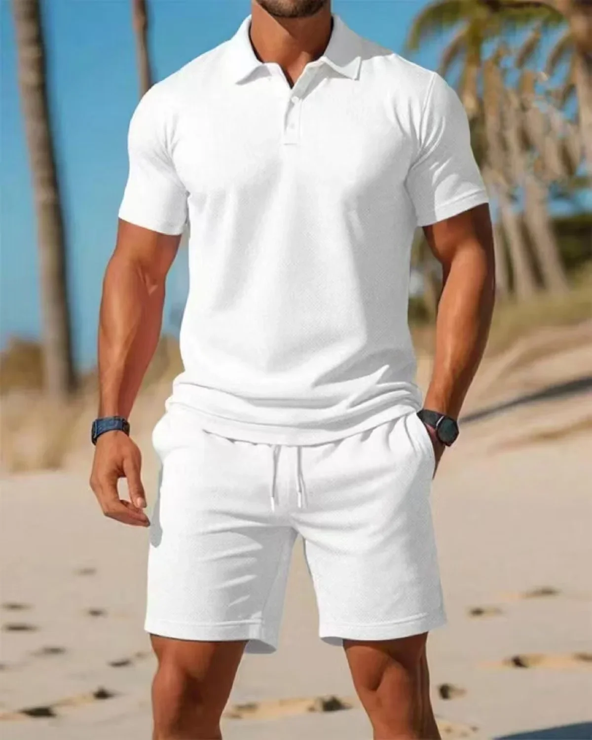

Men's set, business leisure beach sports two-piece set, drawstring elastic waist sports shorts set, button style access control