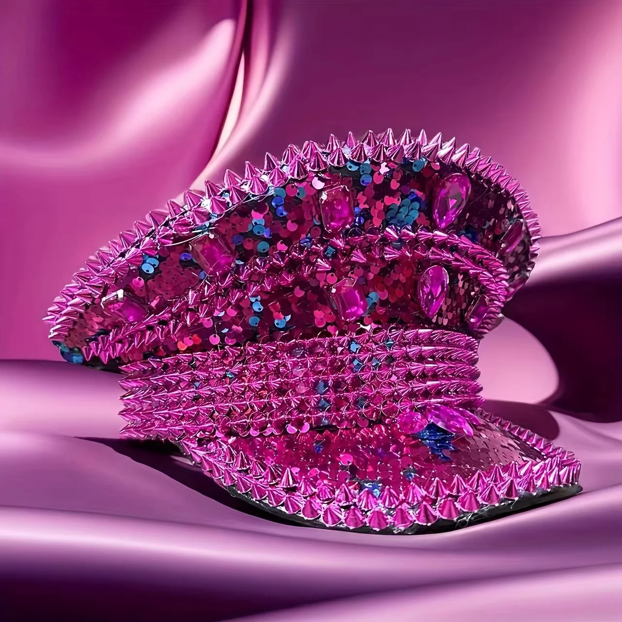 HongLuan Yellow Laser Leather Loop Captain Hat Rhinestone & Military Caps for Woman, Rave Festivals Accessories ＆ Party Cap Man