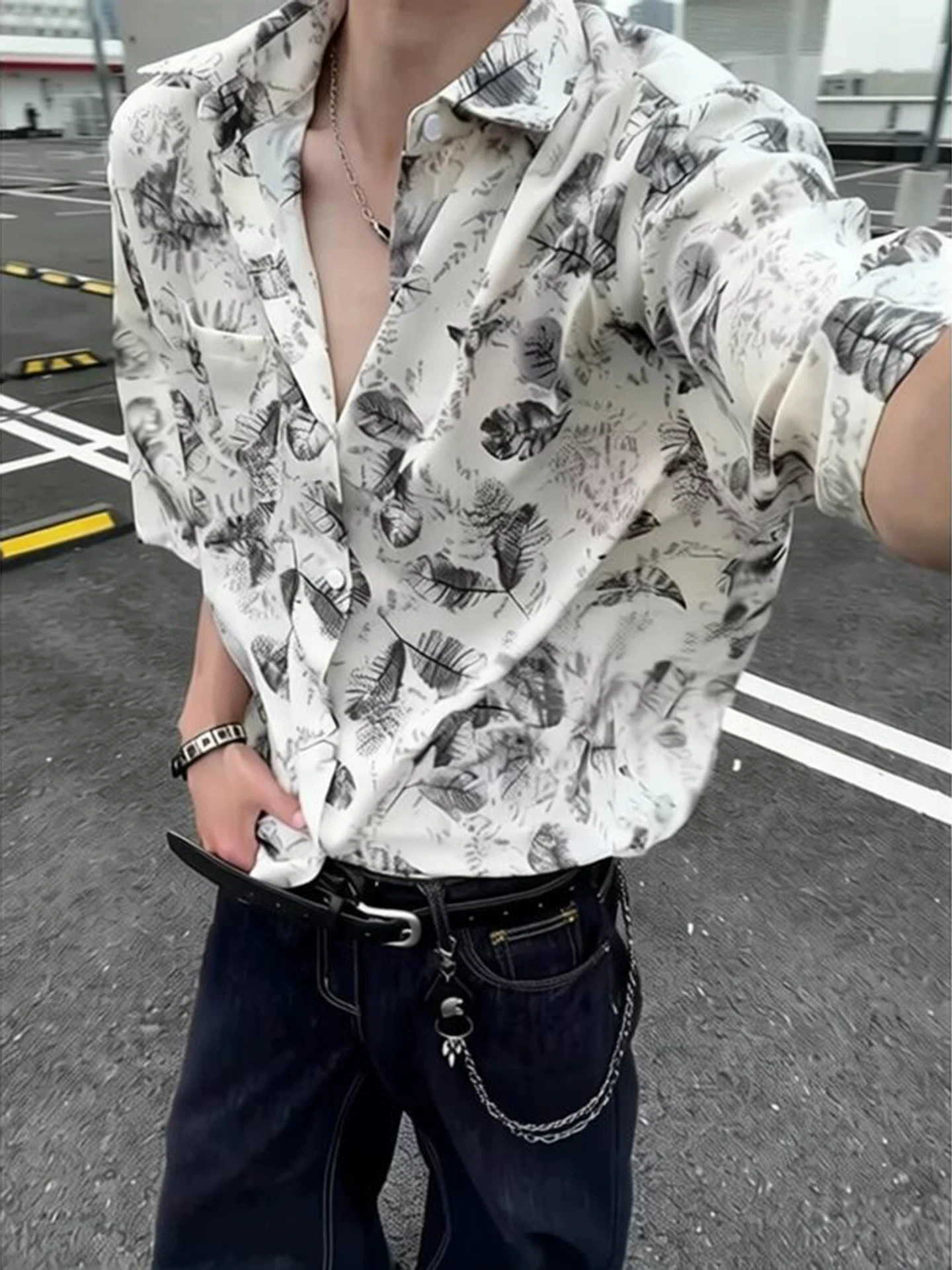

Ice Silk Flower Printed Short Sleeve Men's Shirt Cool Sensation Thin Summer Hawaiian Vacation Style Outerwear Casual Loose Fit