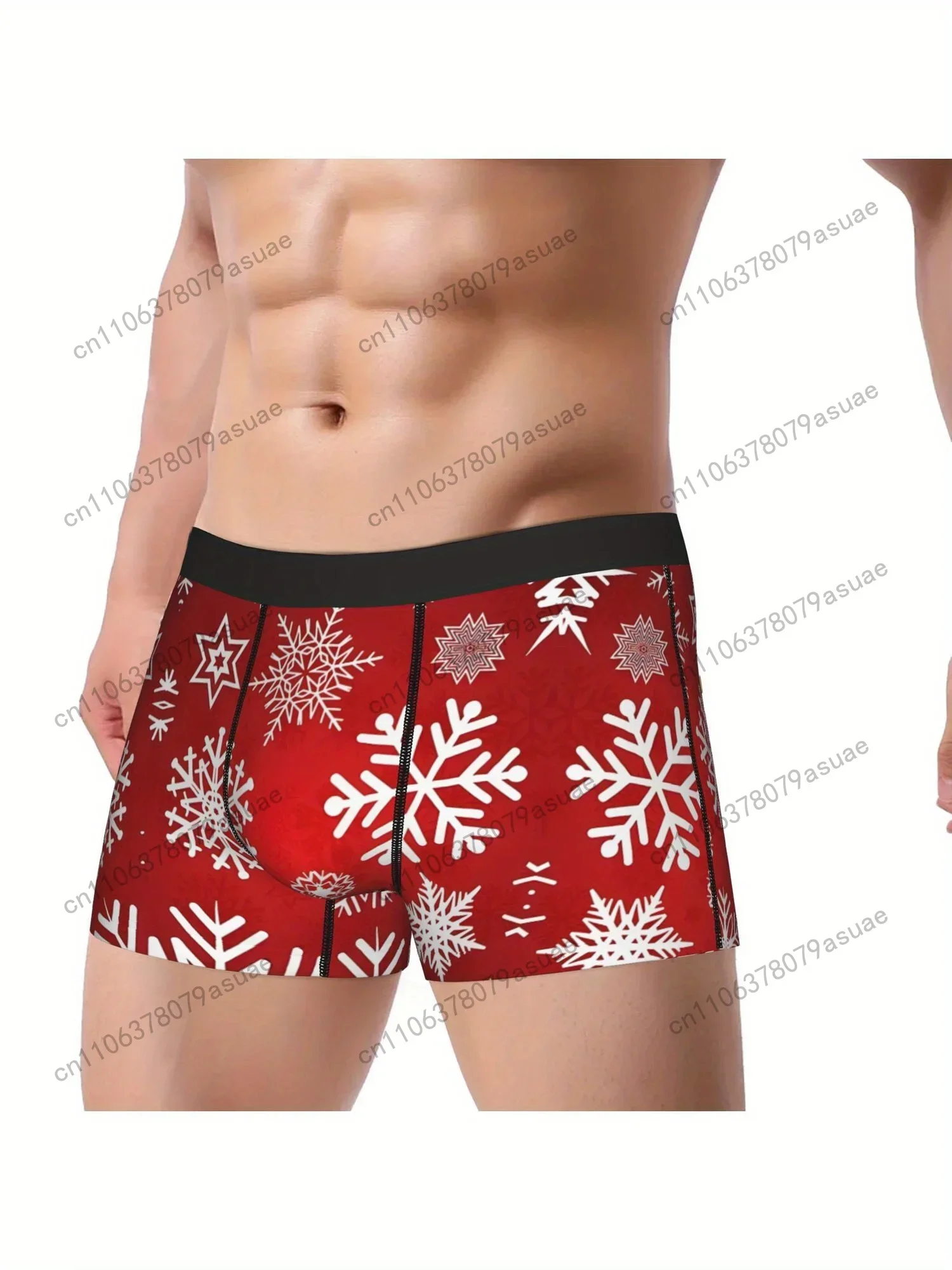 Men'S Christmas Snowflake Print Boxer Briefs Red Black Underwear with White Snowflake Design Elastic Waistband Comfort Black