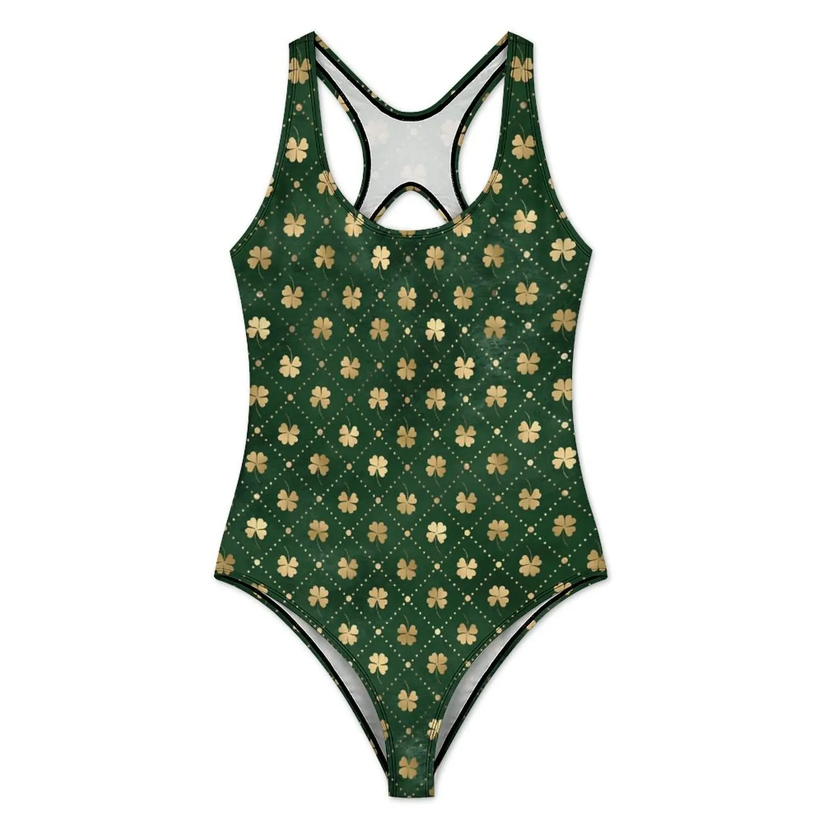Gold Shamrock Print Swimsuit Sexy St Patricks Day Women Swimwear One Piece Swimsuits Holiday Surf Push Up Cut Out Bathing Suit