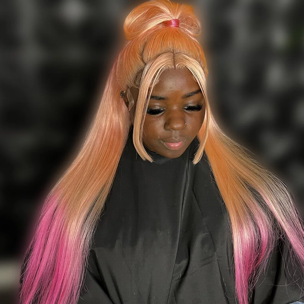 オンブルピンク 13 × 6 1​​3 × 4 透明レースフロント人毛ウィッグ女性のための事前摘み取られた色ライトピンク人毛レース前頭かつら