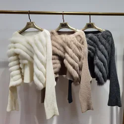 Chic Women Knitted Real Fox Fur Pullover Tops Female O-neck Long Sleeve Spring Short Sweater With Genuine Fox Fur Strip