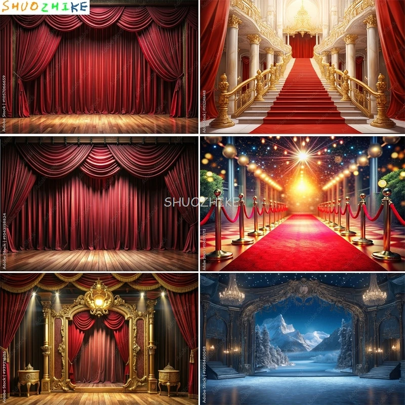 Red Theater Curtain Stage Tent Carnival Style Photography Backdrops Vintage Circus 1920s Art Deco Spotlights Background WT-04