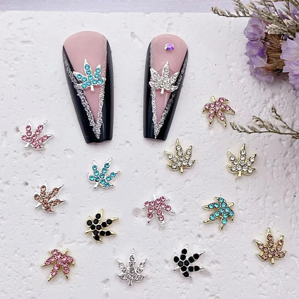 10Pcs Colorful Maple Leaf Nail Art Charms 3D Alloy Sliver Leaf Inlaid Diamond Nail Art Rhinestone Shiny DIY Nail Accessories
