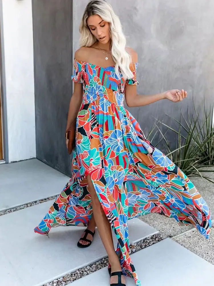 

Sexy Off Shoulder Print Asymmetrical Dress Women 2023 Summer Romantic Beach Sash Holiday Sweet A-line Split Maxi Dress A1301