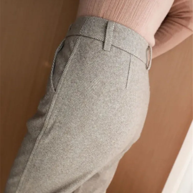 Imagem -06 - Calça de Lápis Estilo Coreano de Cintura Alta Feminina Elegante Desgaste do Trabalho Tamanho Grande 3xl Mistura de lã Listra Fina Inverno Fêmea Nova