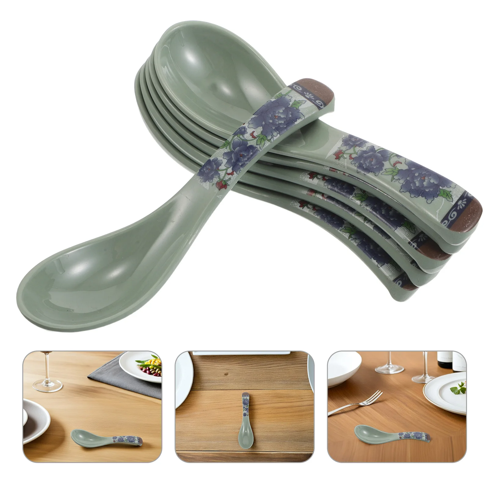 

6Pcs Sturdy Melamine Ramen Spoons Blue Floral Design Elegant Dining Noodle Rice Dessert Teaspoons for Home Picnic
