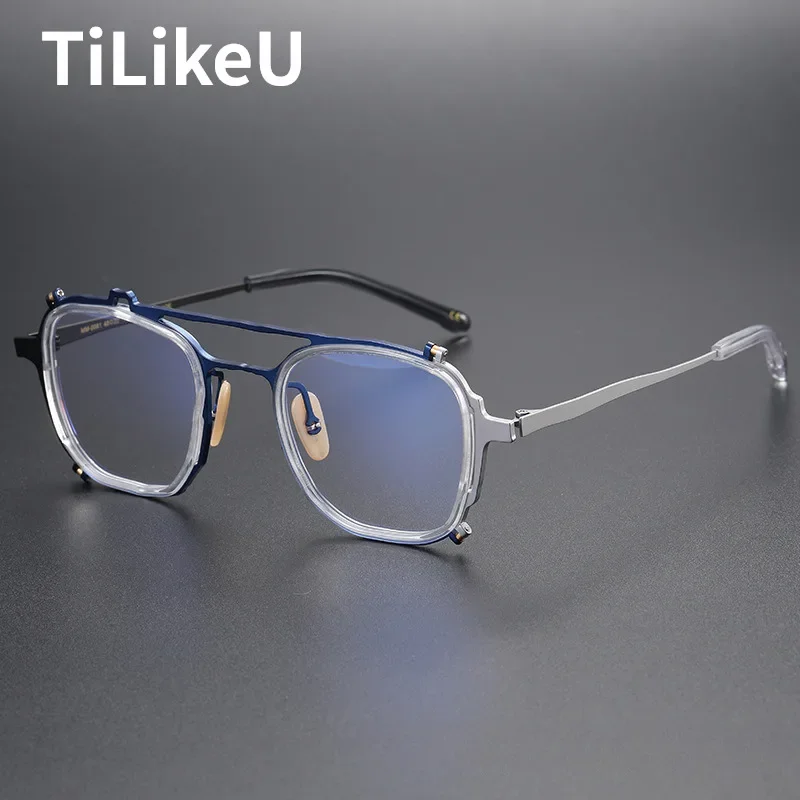 

Top Vintage Acetate Titanium Luxury Eyeglasses Frame Brand Designer Aviator Double Beam Large Rim Prescription Glasses Spectacle