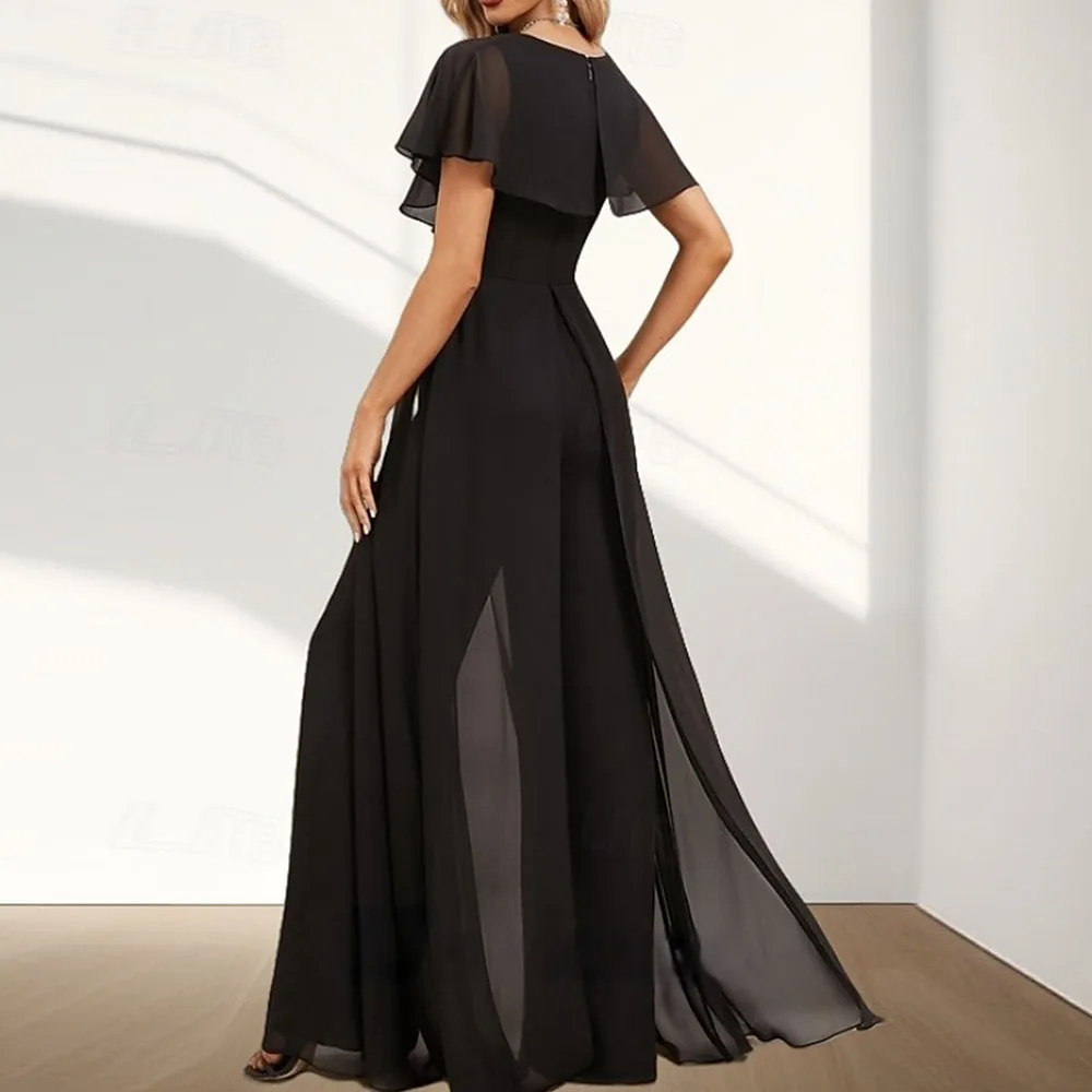 Macacão/terno-calça mãe da noiva vestido convidado de casamento elegante decote em v até o chão chiffon manga curta babados personalizado