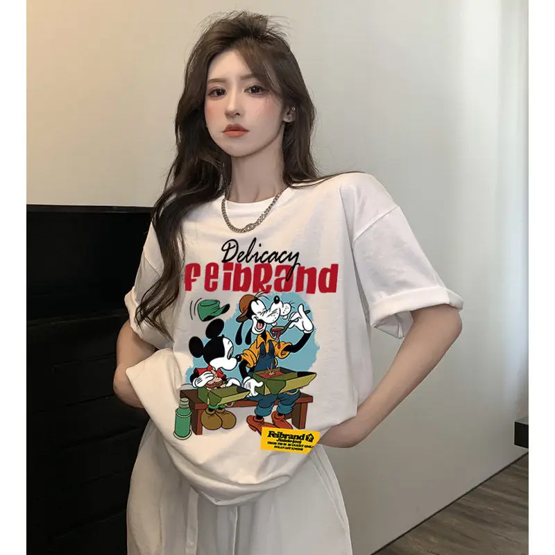 

Korean Version Casual T-shirt Pure Cotton Short-sleeved Summer Ins Design Sense Disney Mickey Print Front Shoulder Versatile