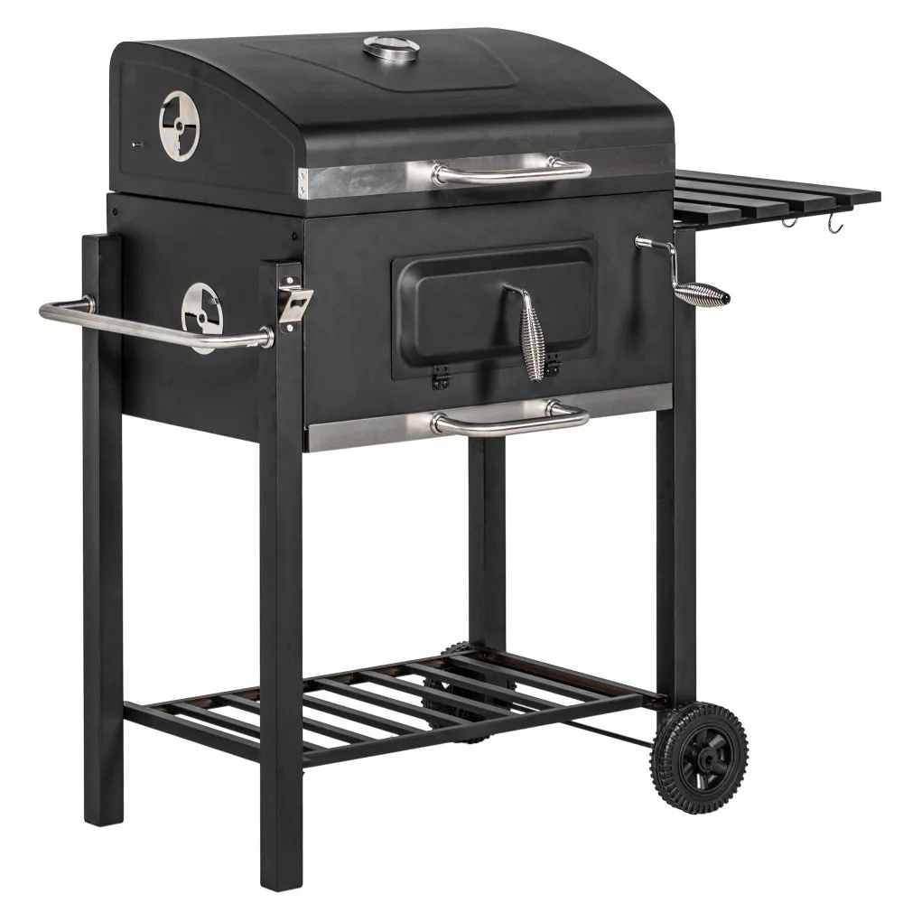 

Charcoal BBQ Grill, Outdoor Portable Cooker for Camping or Backyard Picnic Side Table, Bottom Storage Shelf, Wheels and Handle