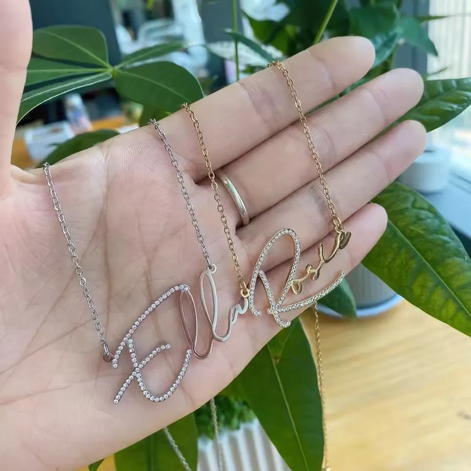 

Custom Name Zircon Crystal Jewelry For Women Personalized Stainless Steel Handmade Signature Dainty Diamond Name Necklace