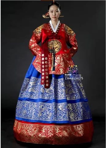 Traditional Hanbok Embroidered Bronzing Korean Queen Dress Vintage Women Stage