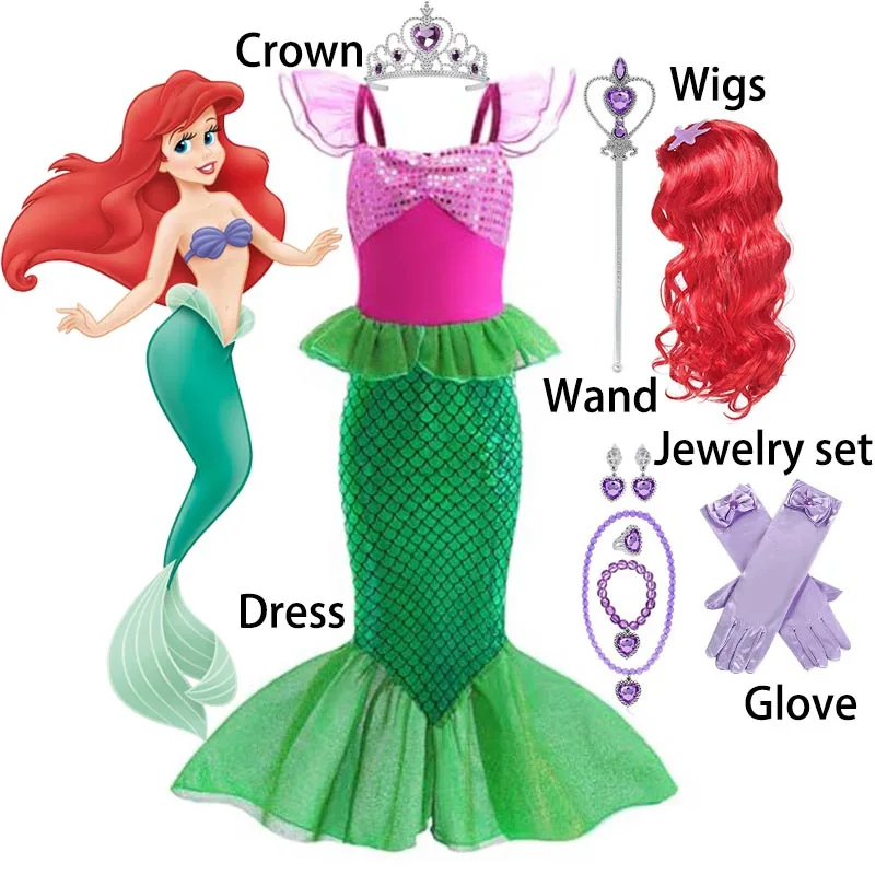 Disney sirenita Ariel princesa niña vestido encanto disfraz niños fiesta de cumpleaños disfraz de lujo cola de pez ropa pelucas conjuntos