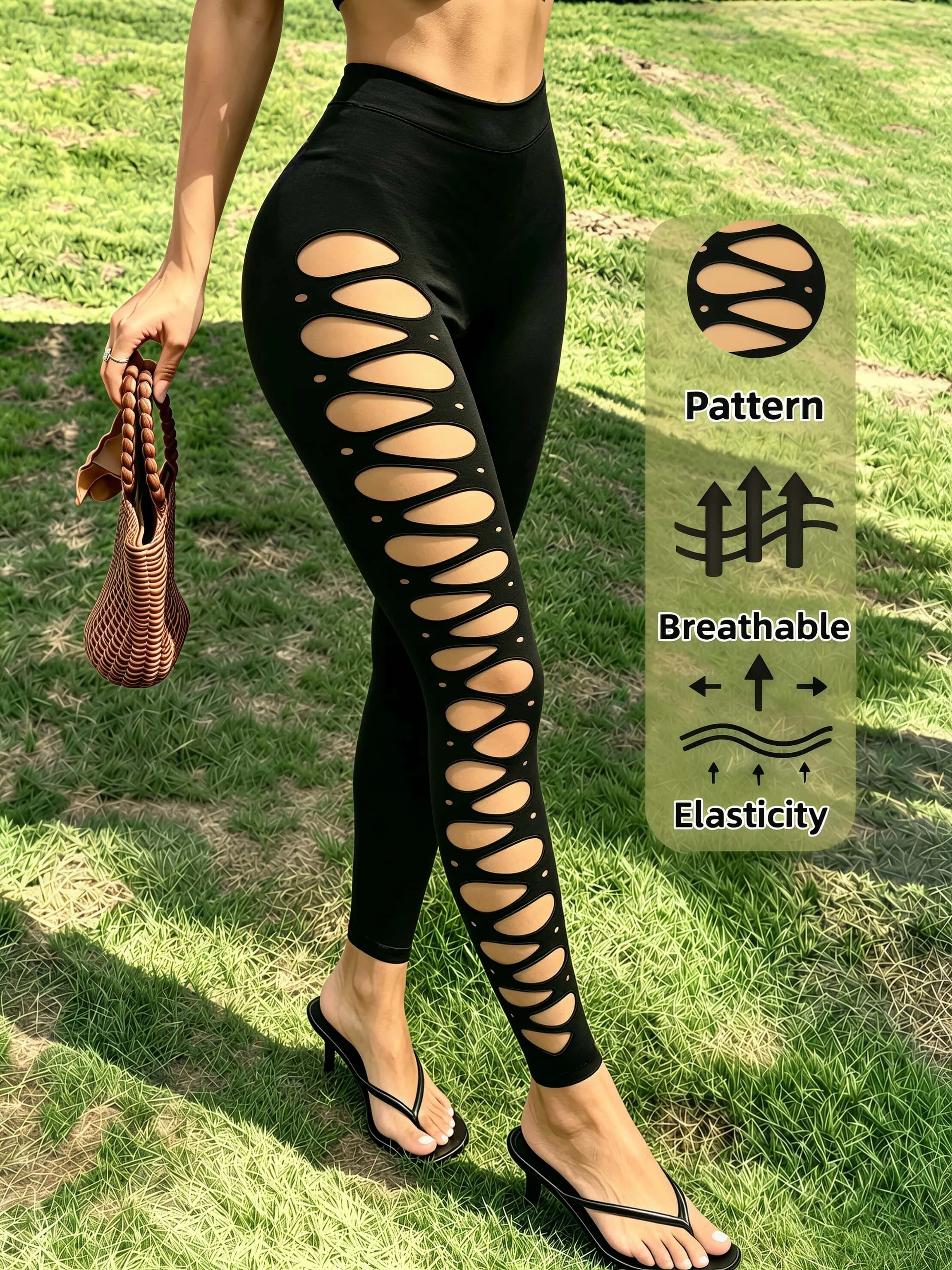 Damen-Leggings mit Leitermuster-Ausschnitten in Schwarz, hochelastisch, atmungsaktiv, sexy, hohe Taille, Capri-Hose mit Cut-Outs für den Alltag und für den Abend – Detail 3