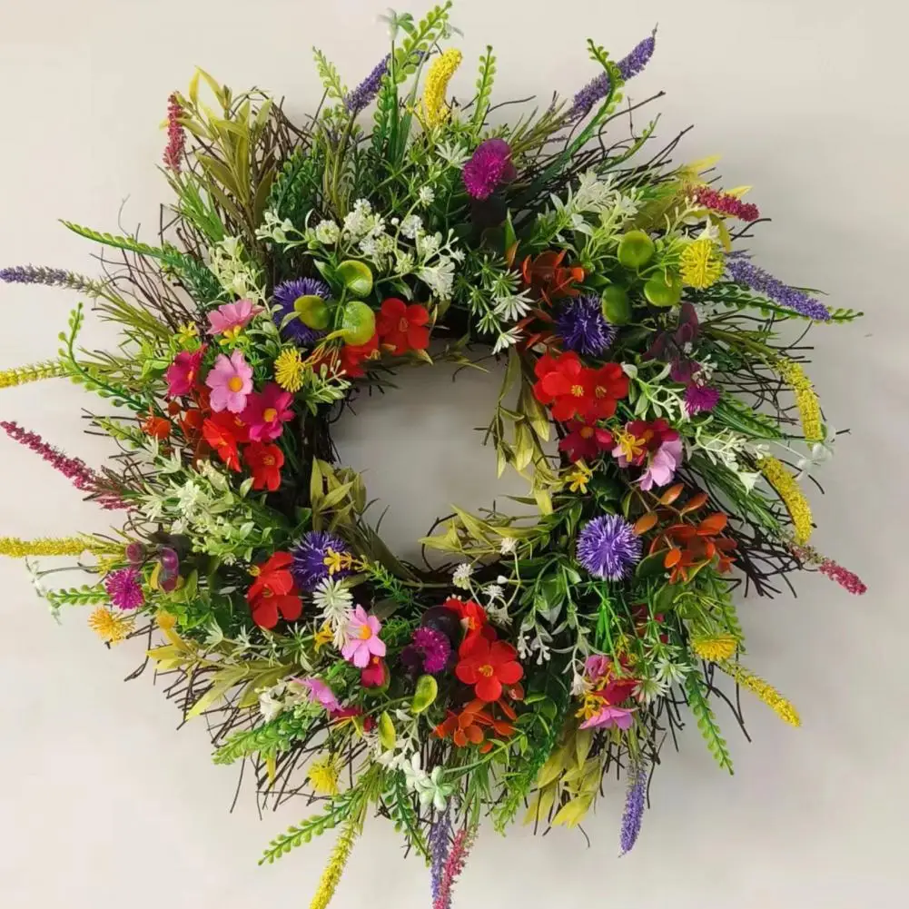 Colorful Wildflower Spring Summer Wreath Artificial Floral Wreath with Green Leaves for Front Door Home Wall Farmhouse Indoor Ou
