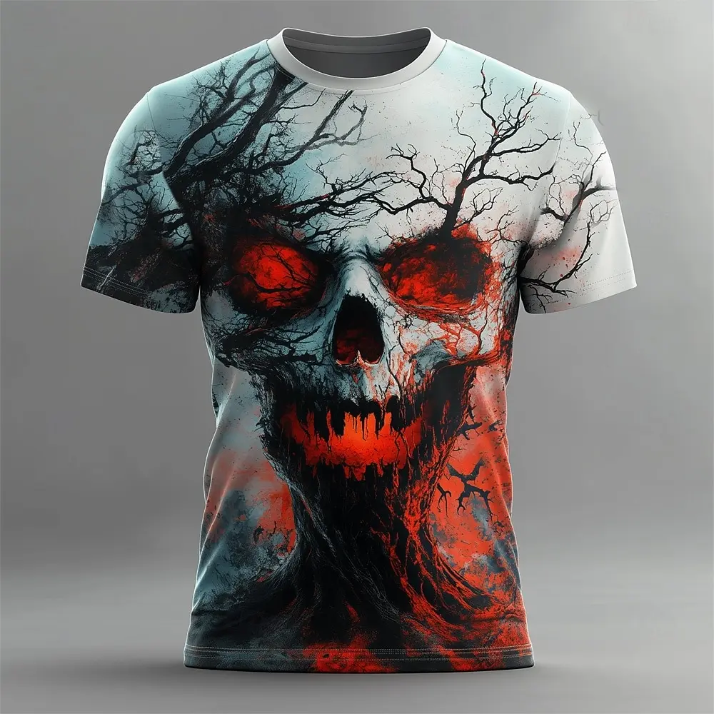 Halloween Men's Skull 3D Flame T Shirt Short Sleeve T shirt 3D Print Crew Neck Shirt Exaggerated Designer Horror Party Street
