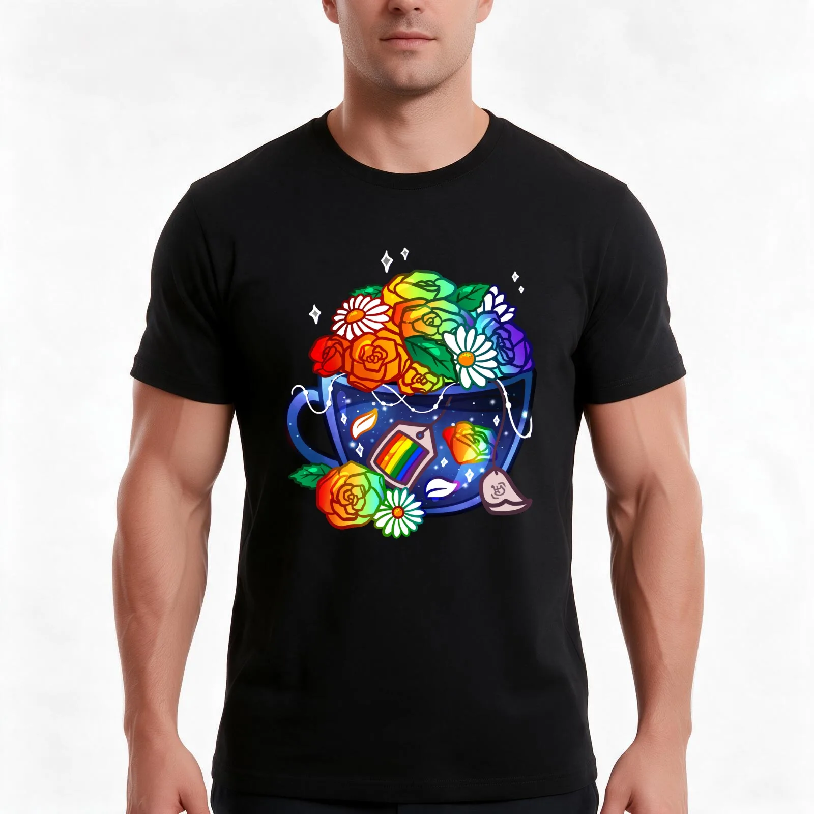 Pride Flag Teacup - Rainbow/LGBT+ T-Shirt, Summer Casual Cotton Tee, Oversized Streetwear Tops, Vintage Graphic Print